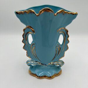 Wedding Vase Double Handle Ivory Hand Paint Blue Gold Trim Victorian Elegant Vin
